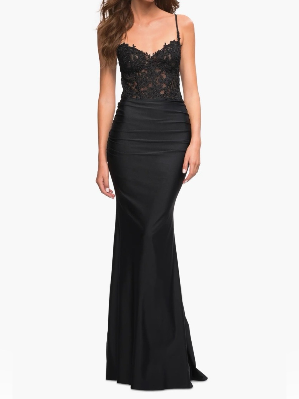 La Femme Black Lace Jewel Mermaid Crisscross Back Prom Gown NWT Sz 8 RTL $338
